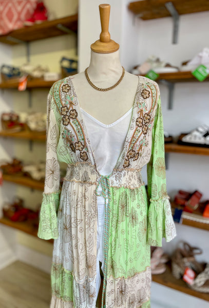 Boho Embellished Floral Kimono | Green