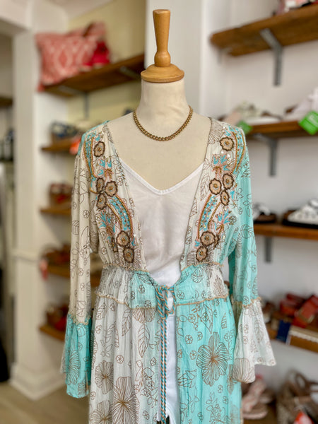 Boho Embellished Floral Kimono | Turquoise