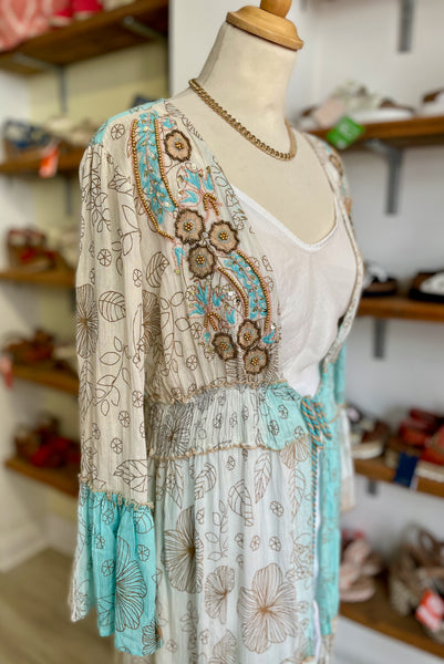 Boho Embellished Floral Kimono | Turquoise