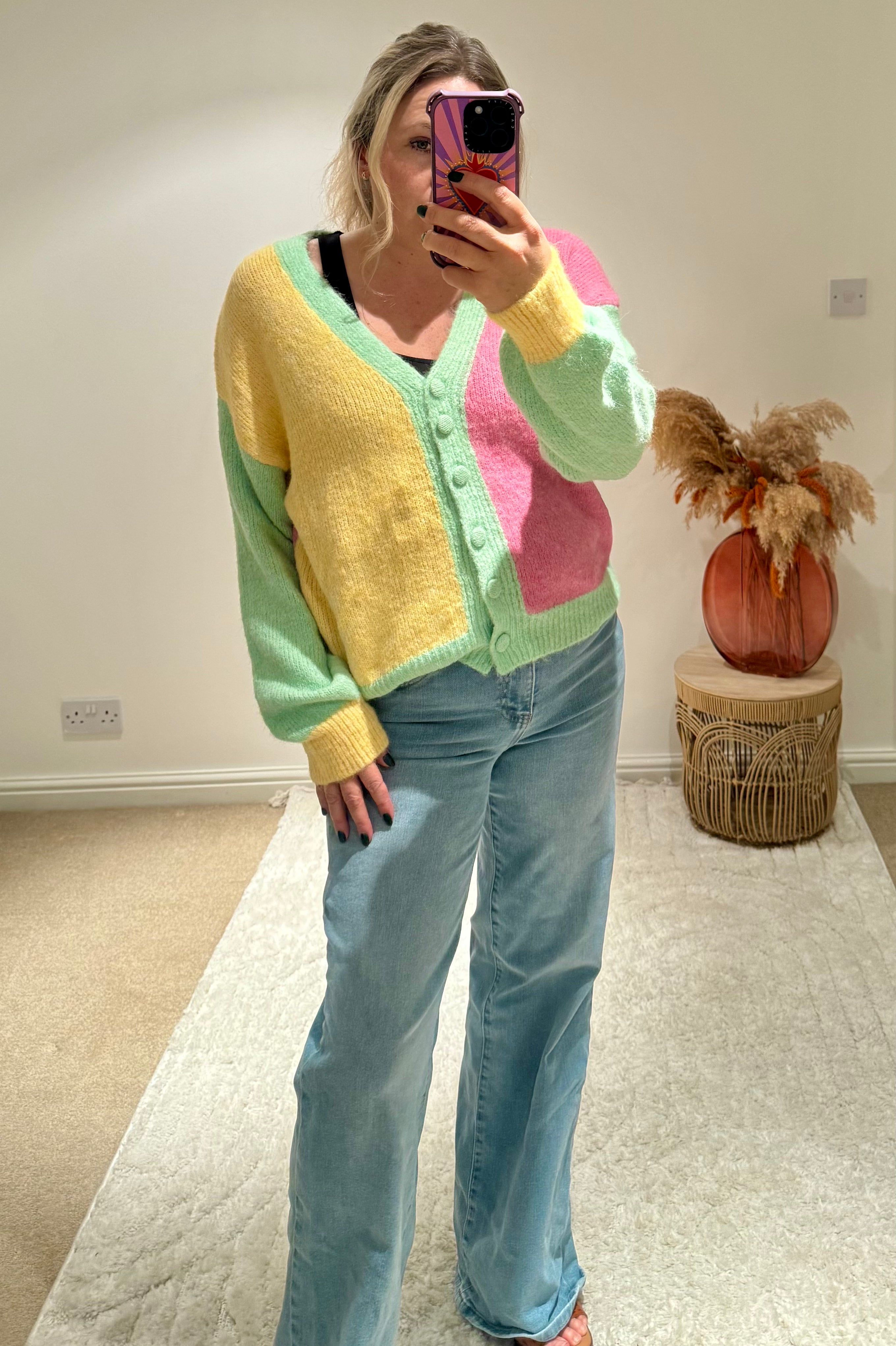 Pastel Colour Block Cardigan | Green Multi