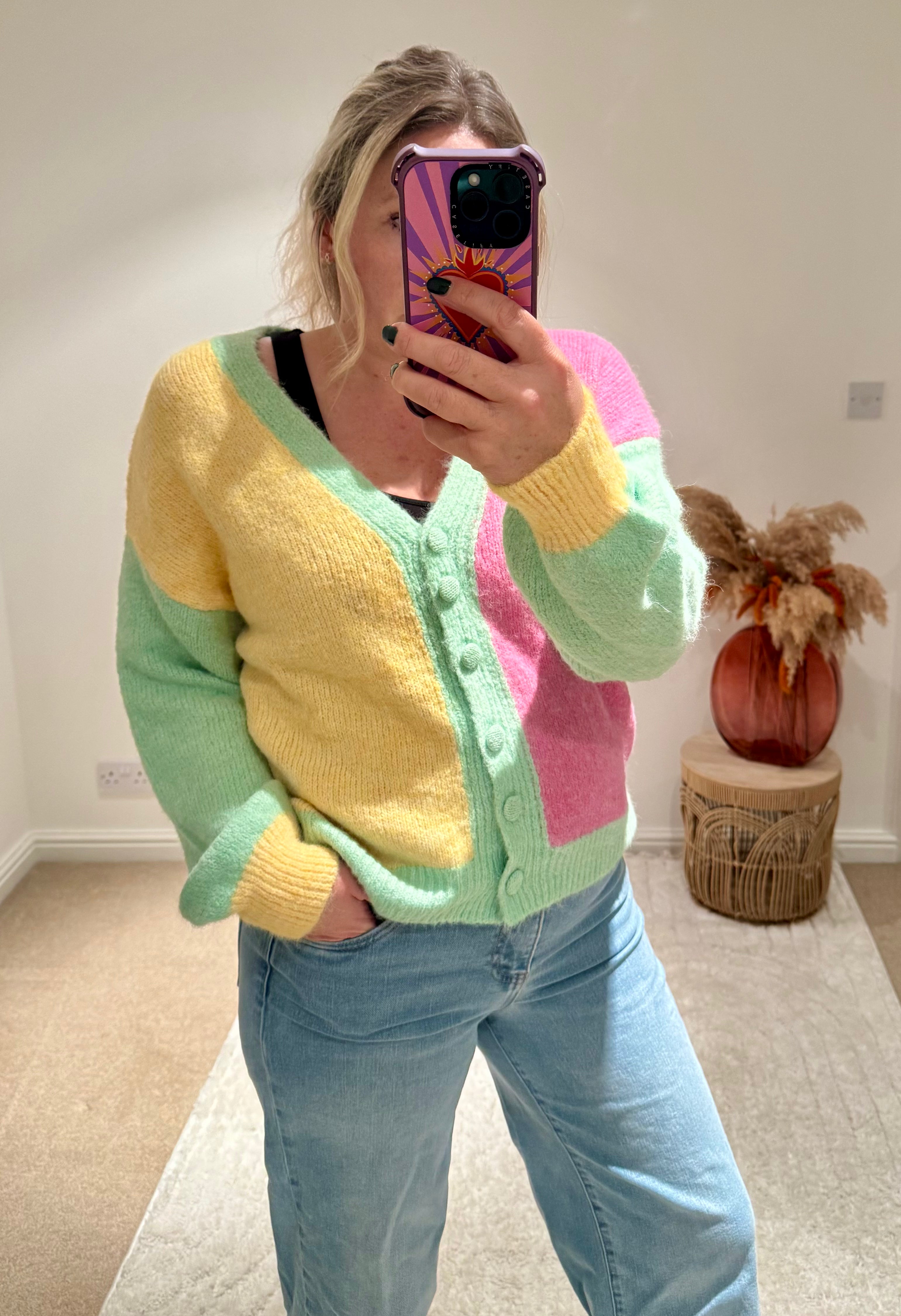 Pastel Colour Block Cardigan | Green Multi