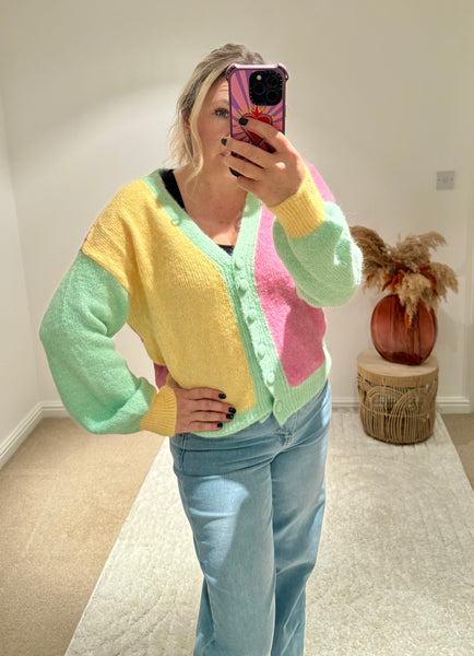 Pastel Colour Block Cardigan | Green Multi