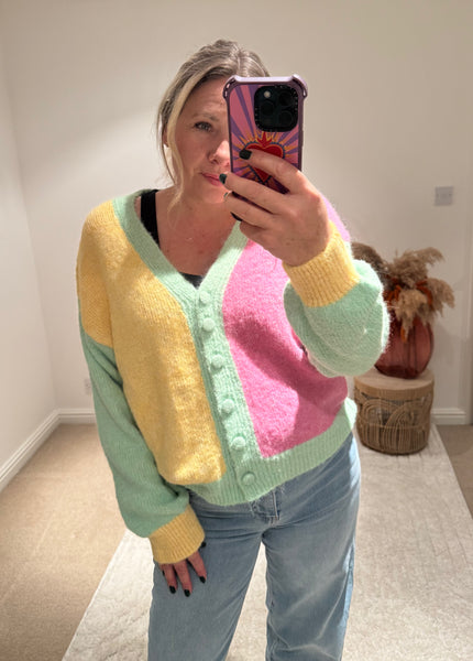 Pastel Colour Block Cardigan | Green Multi