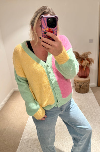 Pastel Colour Block Cardigan | Green Multi