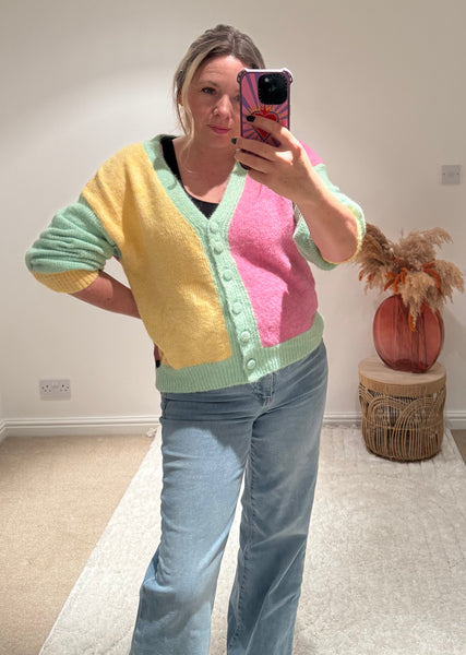 Pastel Colour Block Cardigan | Green Multi