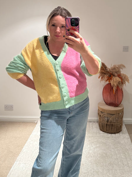 Pastel Colour Block Cardigan | Green Multi