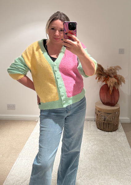 Pastel Colour Block Cardigan | Green Multi