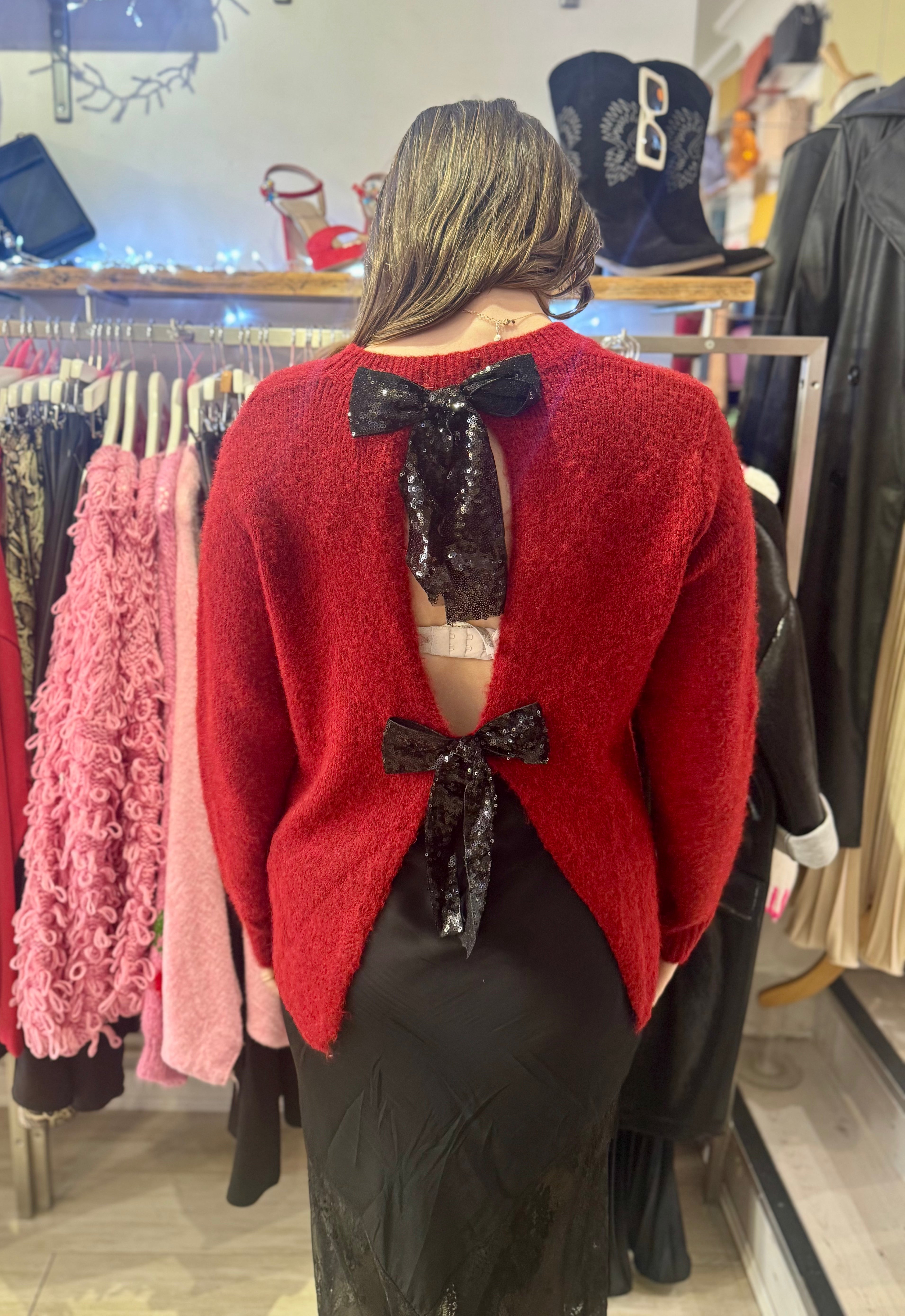 Sequin Bow Back Jumper | Deep Red