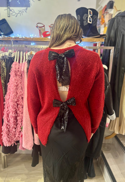 Sequin Bow Back Jumper | Deep Red