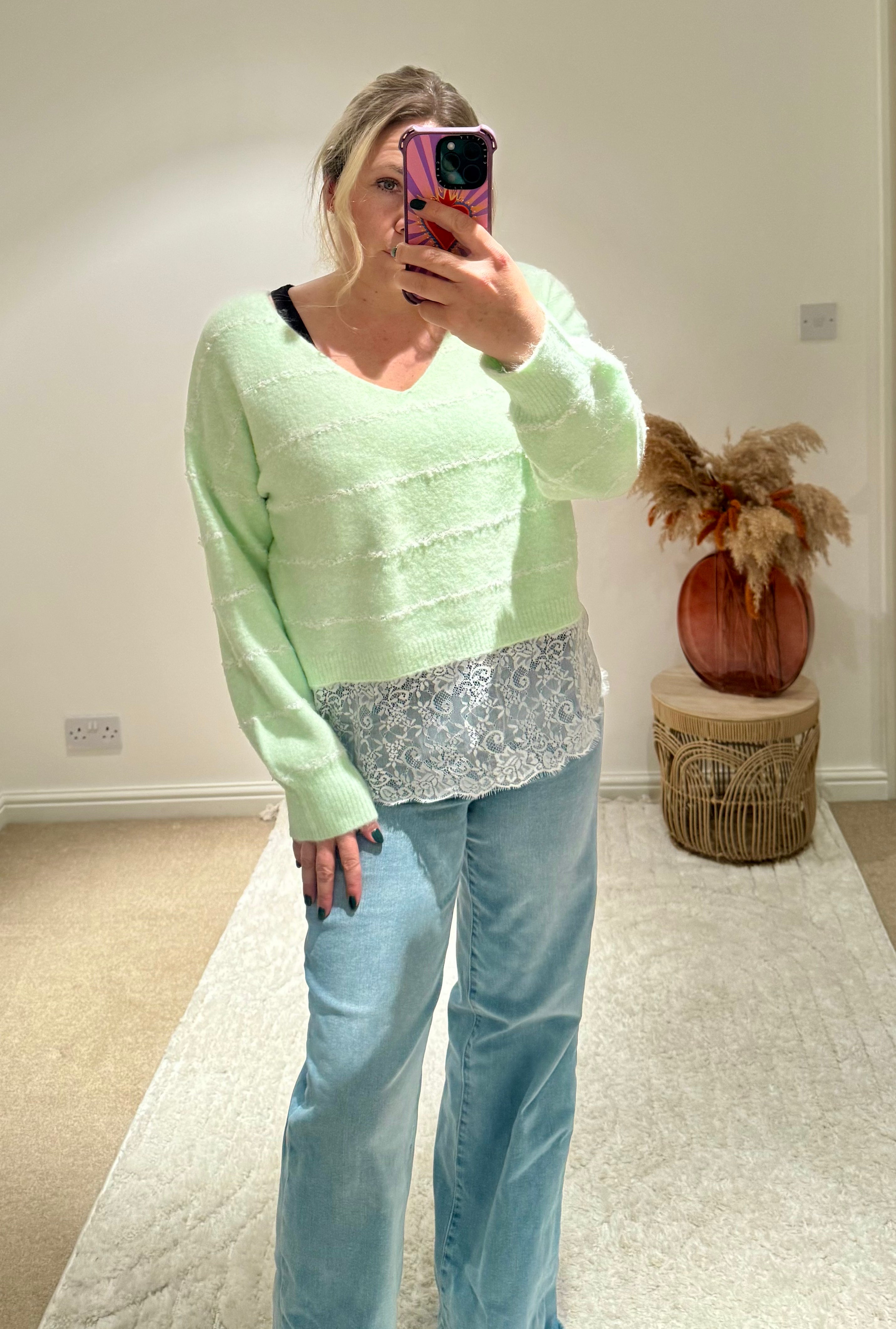 Pretty Lace Detail Striped Jumper | Soft Mint