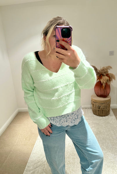 Pretty Lace Detail Striped Jumper | Soft Mint