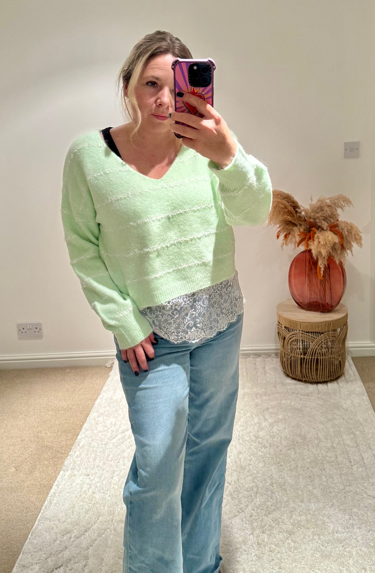 Pretty Lace Detail Striped Jumper | Soft Mint