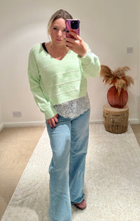 Pretty Lace Detail Striped Jumper | Soft Mint
