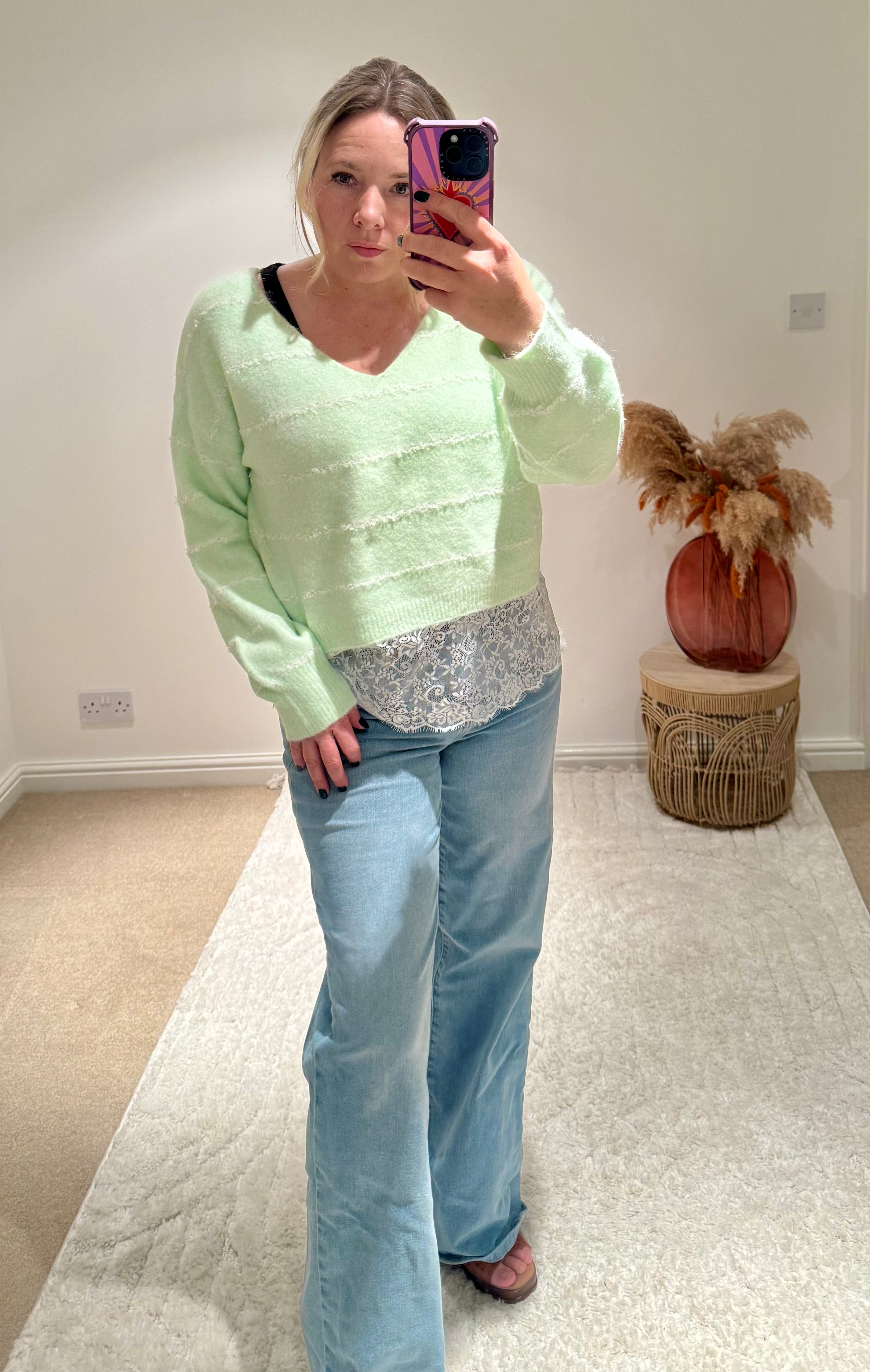 Pretty Lace Detail Striped Jumper | Soft Mint