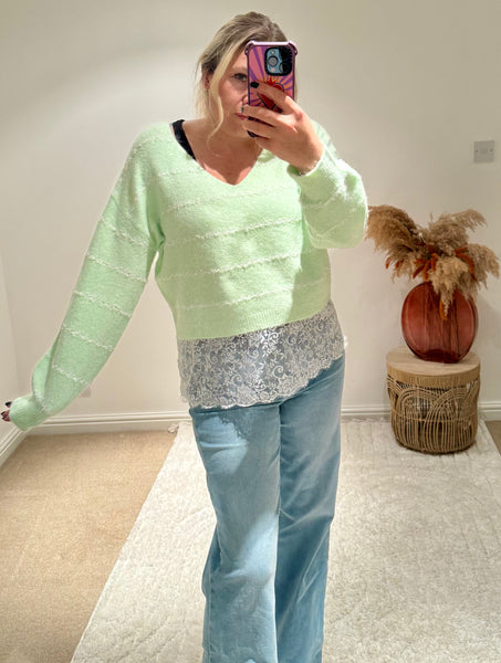 Pretty Lace Detail Striped Jumper | Soft Mint