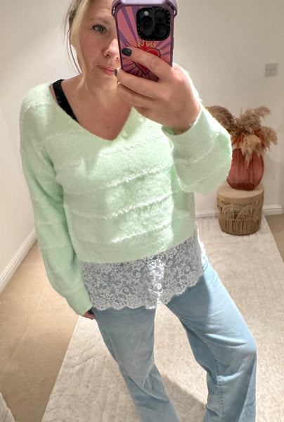 Pretty Lace Detail Striped Jumper | Soft Mint