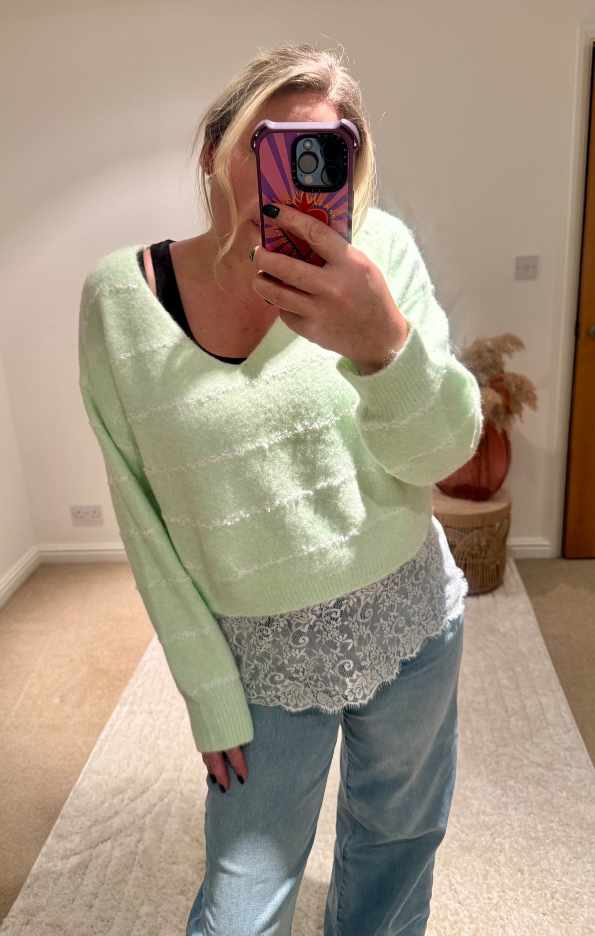 Pretty Lace Detail Striped Jumper | Soft Mint