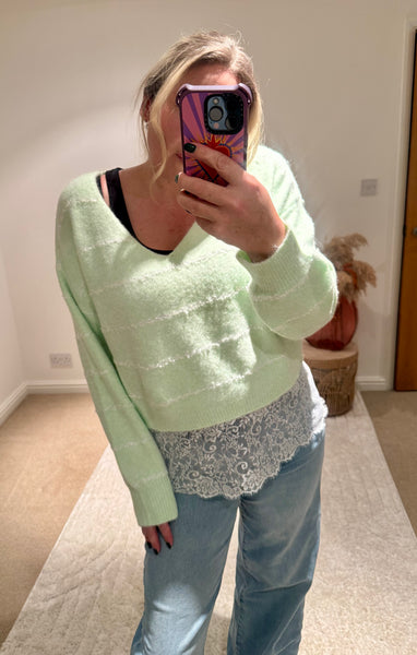 Pretty Lace Detail Striped Jumper | Soft Mint