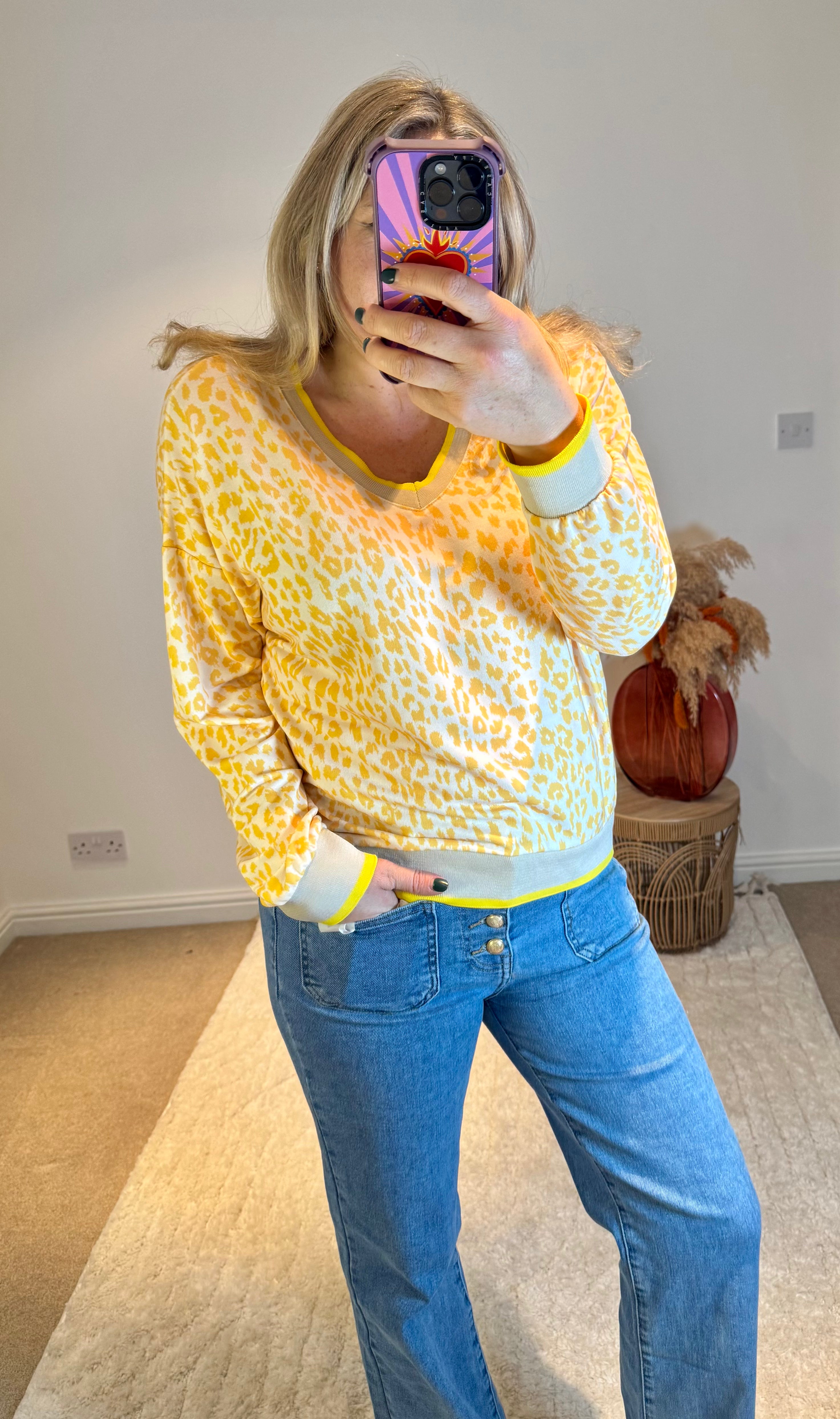 Leopard Retro V-Neck Lightweight Sweat Top | Yellow
