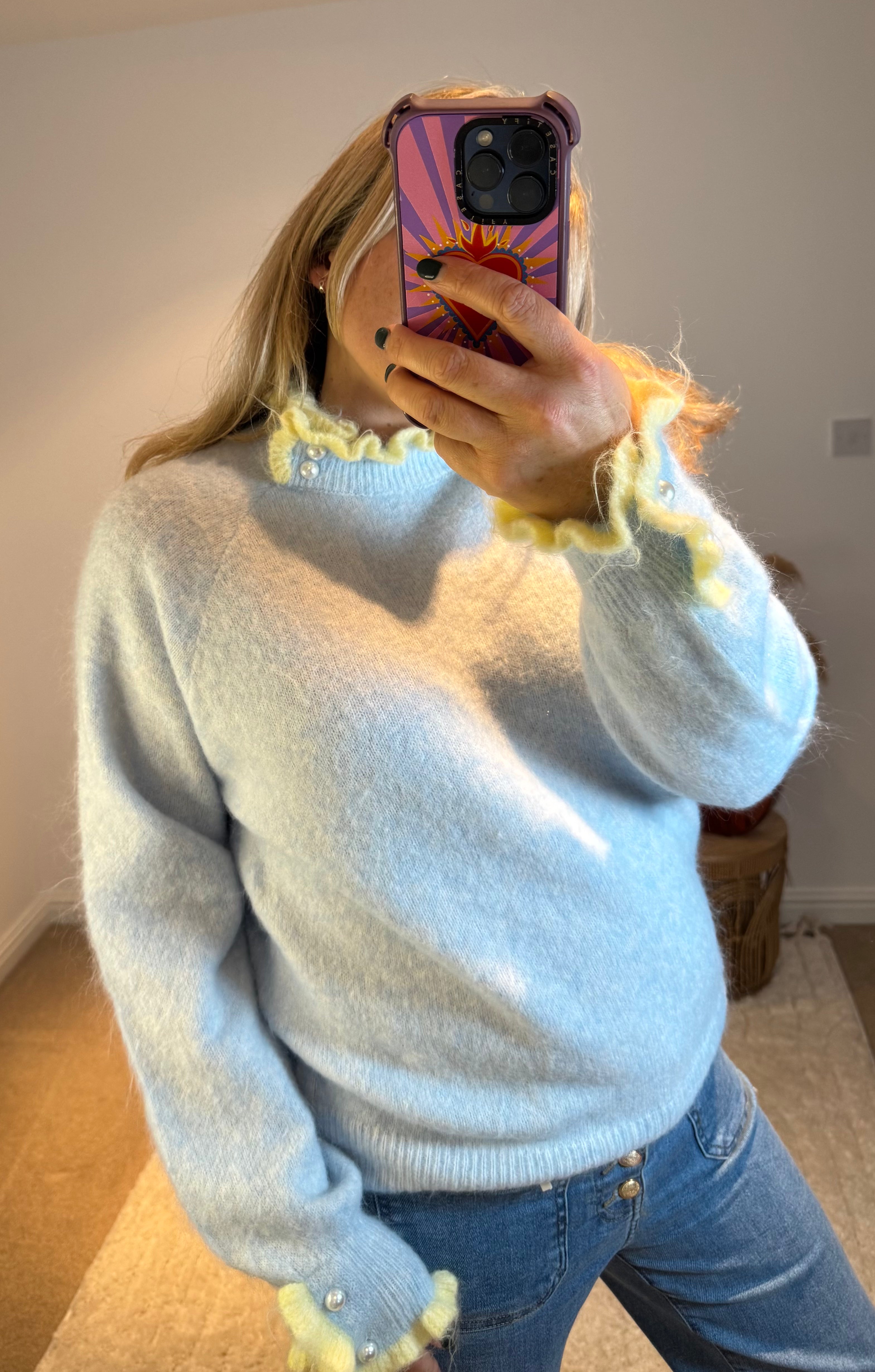 Pretty Frill and Pearl Detail Jumper | Baby Blue/Yellow