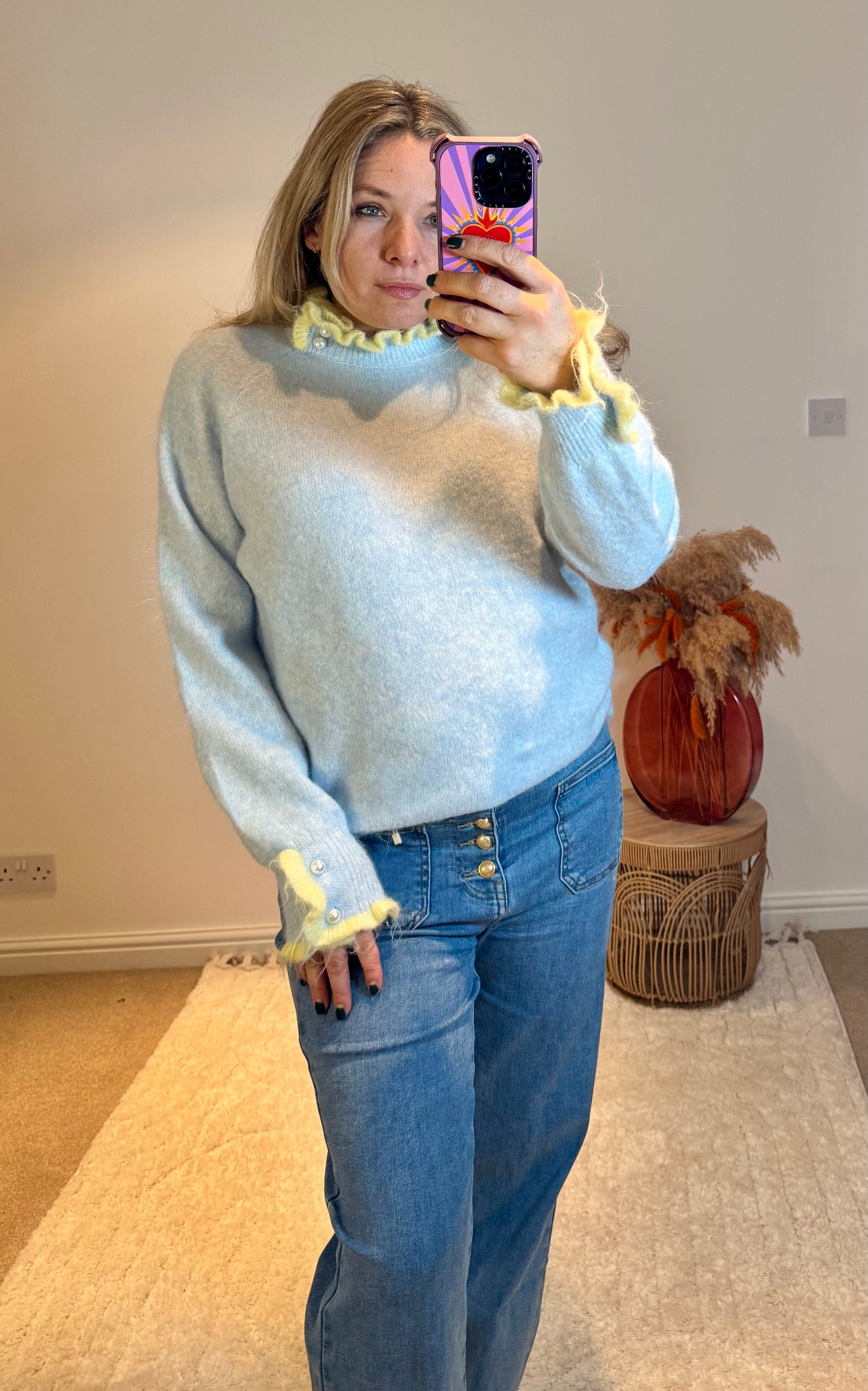 Pretty Frill and Pearl Detail Jumper | Baby Blue/Yellow