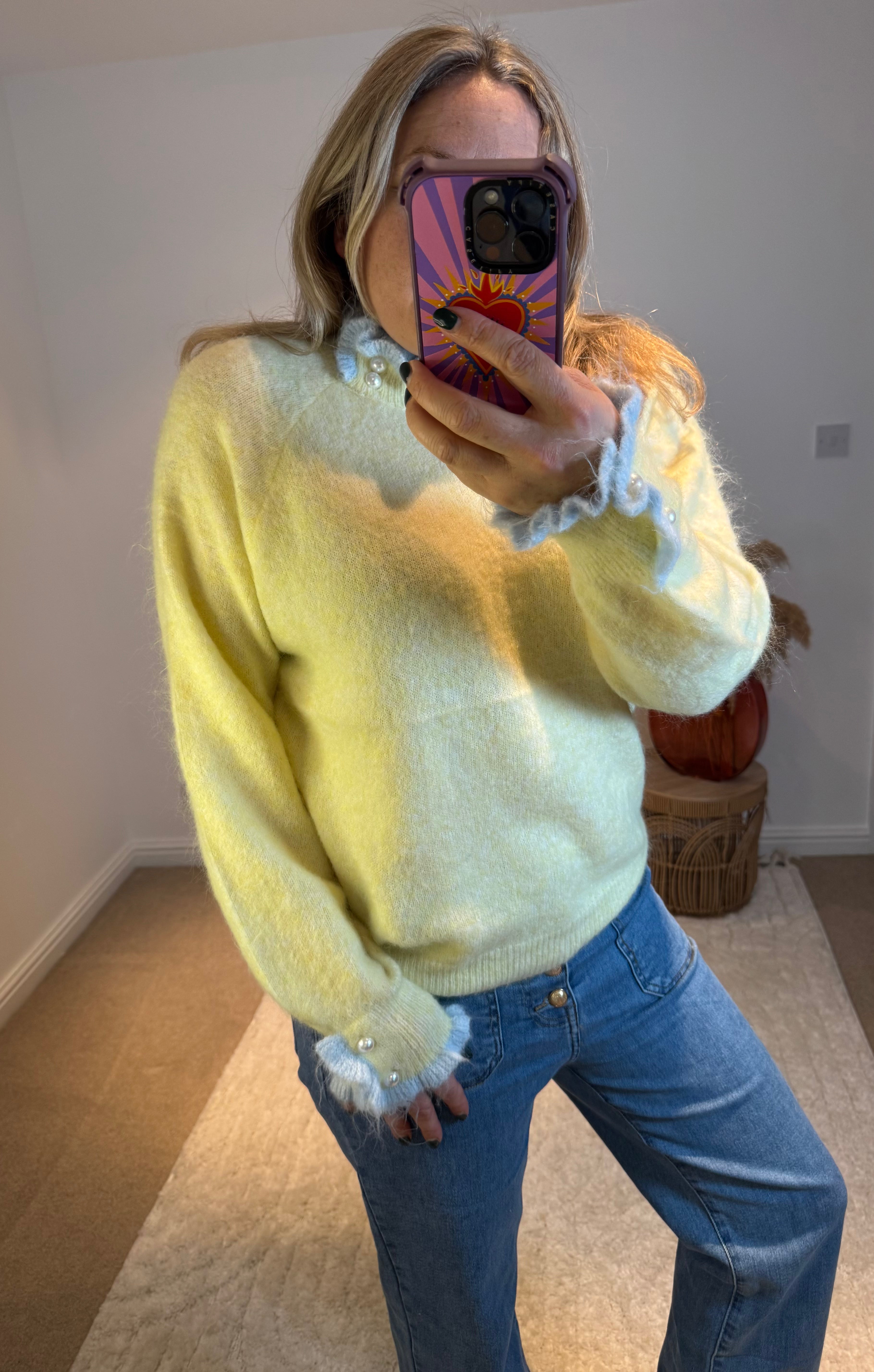 Pretty Frill and Pearl Detail Jumper | Yellow/Baby Blue