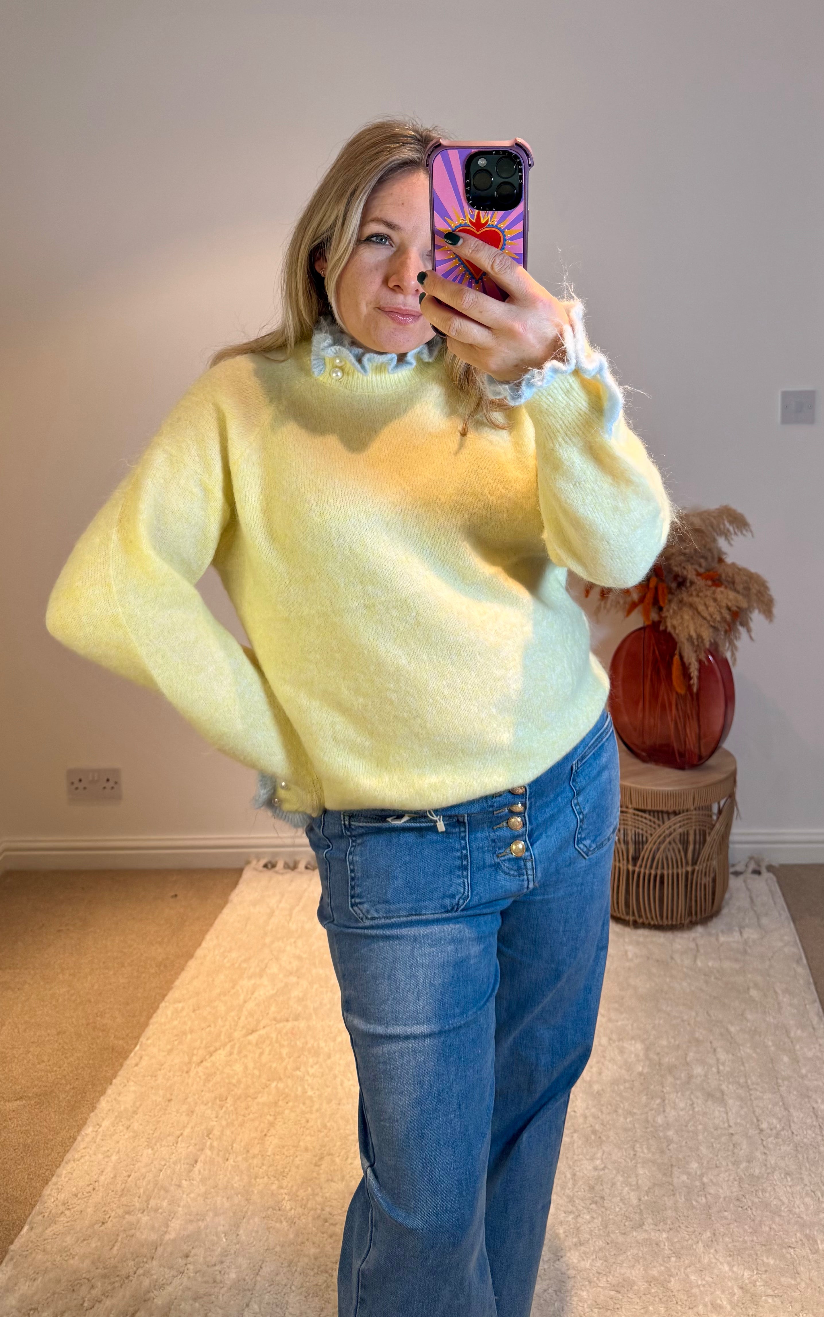 Pretty Frill and Pearl Detail Jumper | Yellow/Baby Blue
