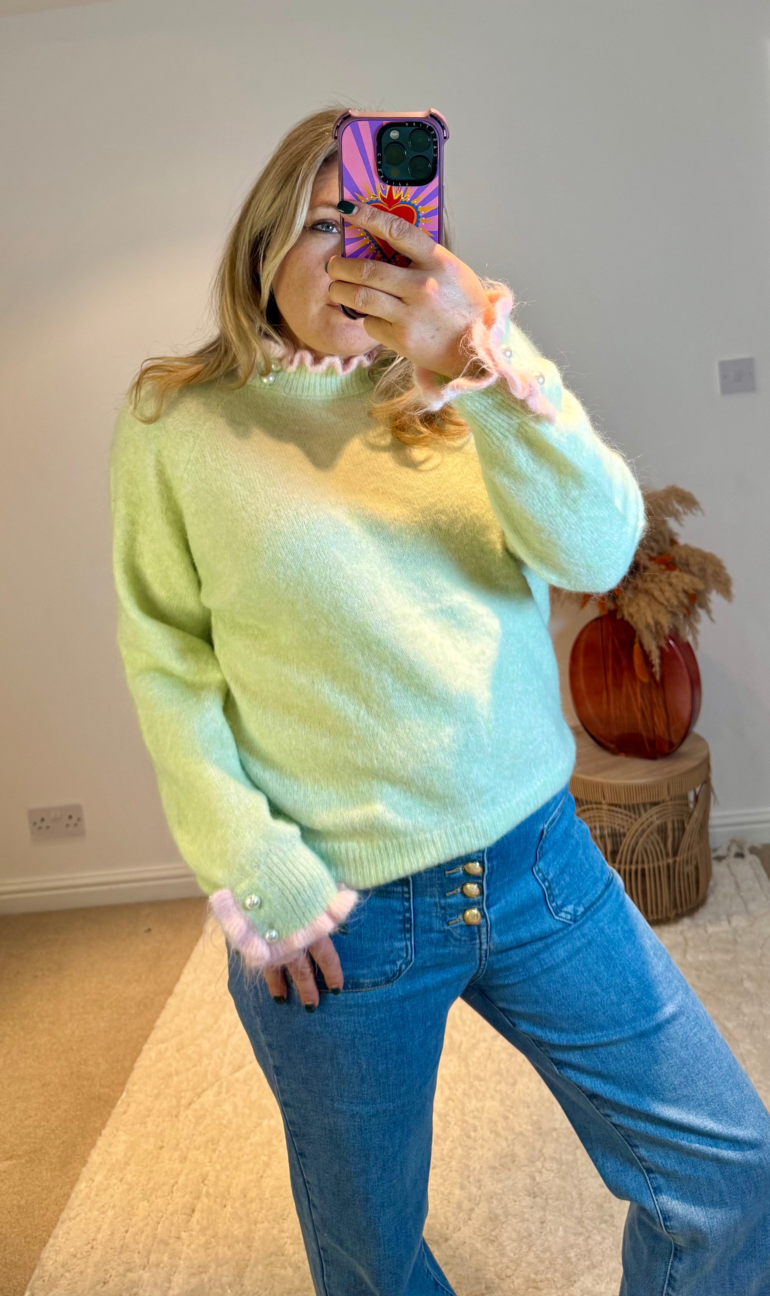 Pretty Frill and Pearl Detail Jumper | Soft Pistachio/Pink