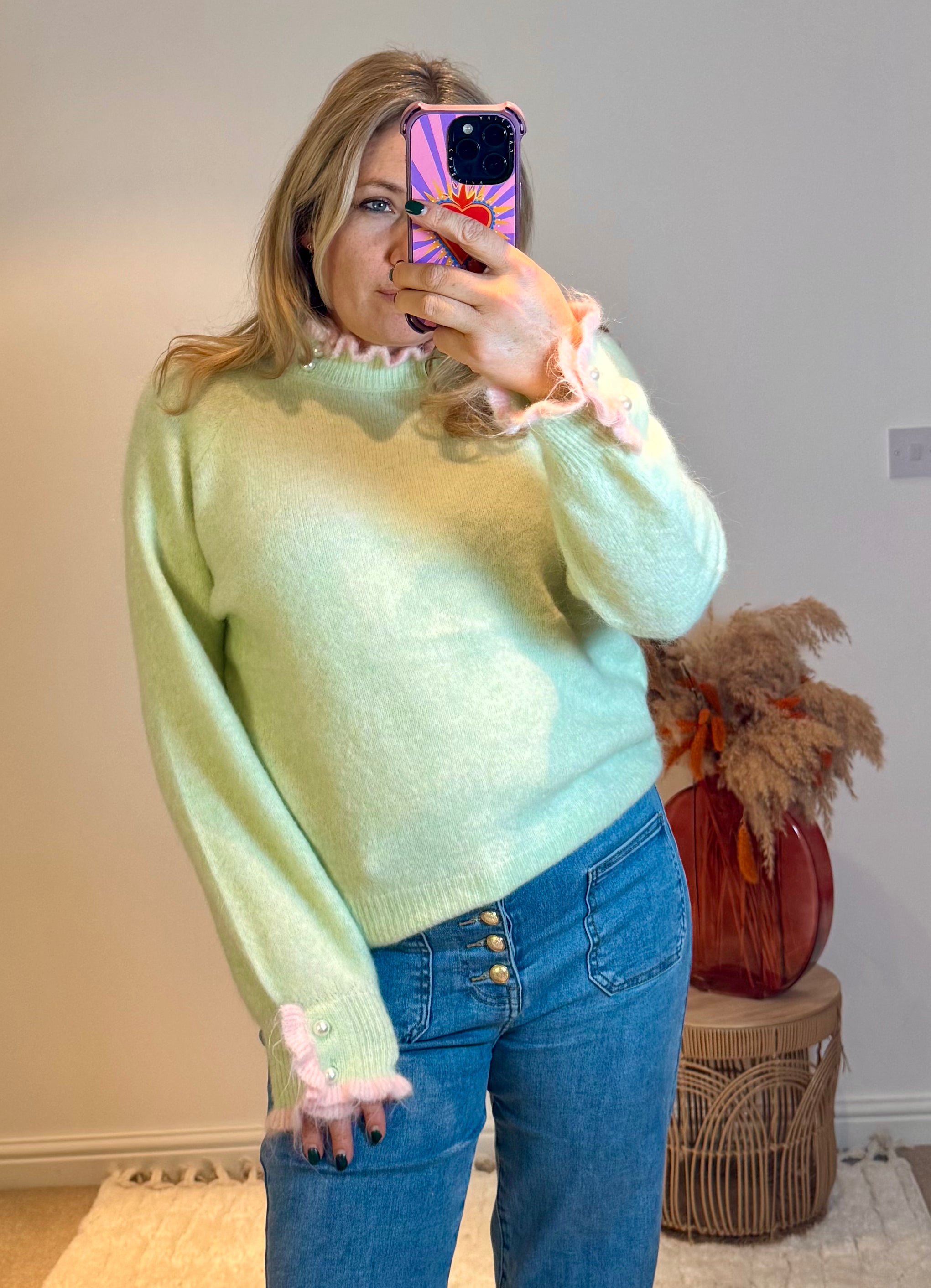 Pretty Frill and Pearl Detail Jumper | Soft Pistachio/Pink