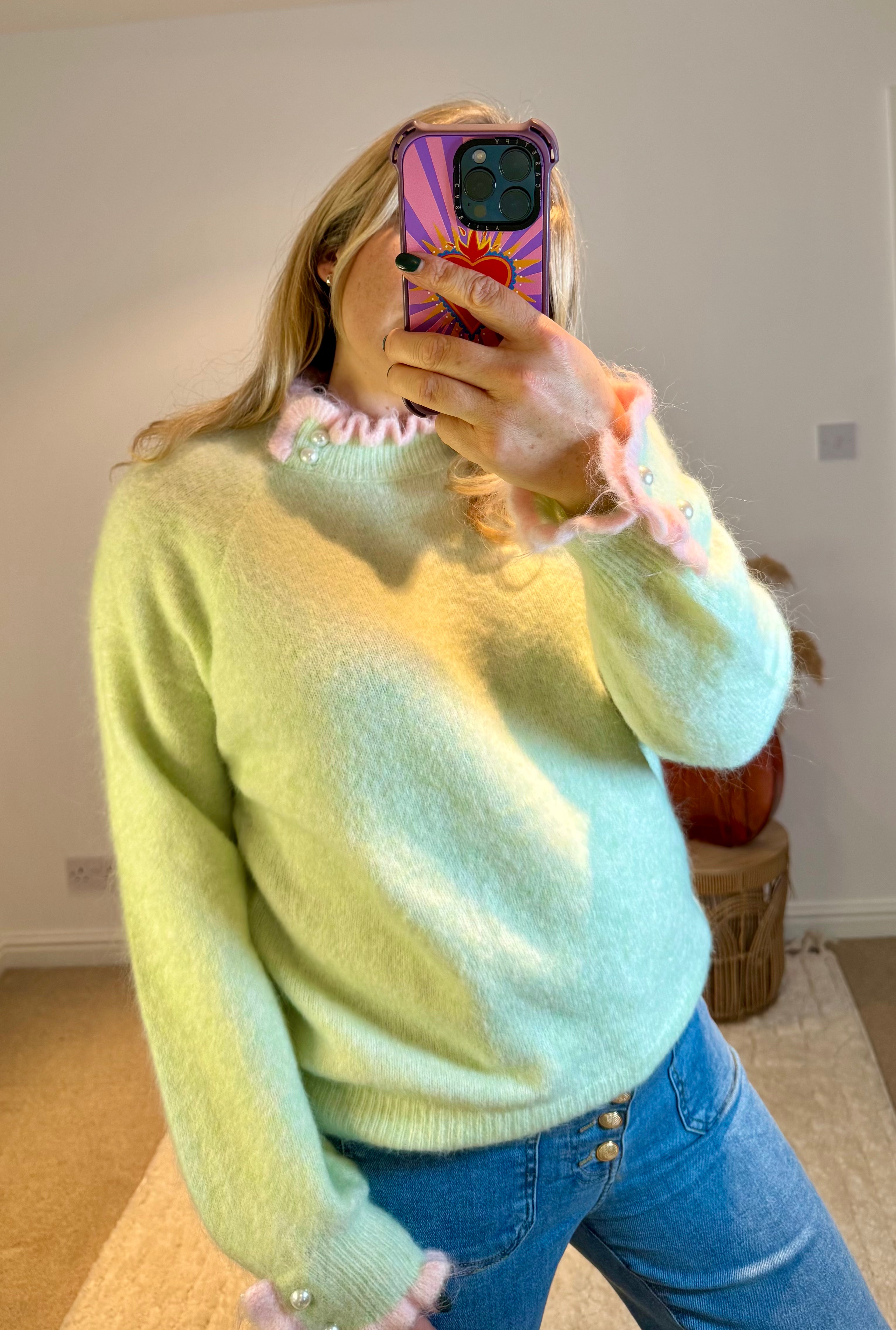 Pretty Frill and Pearl Detail Jumper | Soft Pistachio/Pink