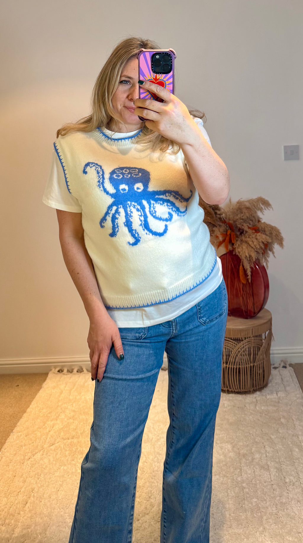 Octopus Soft Knitted Tank Top | Light Cream/Blue