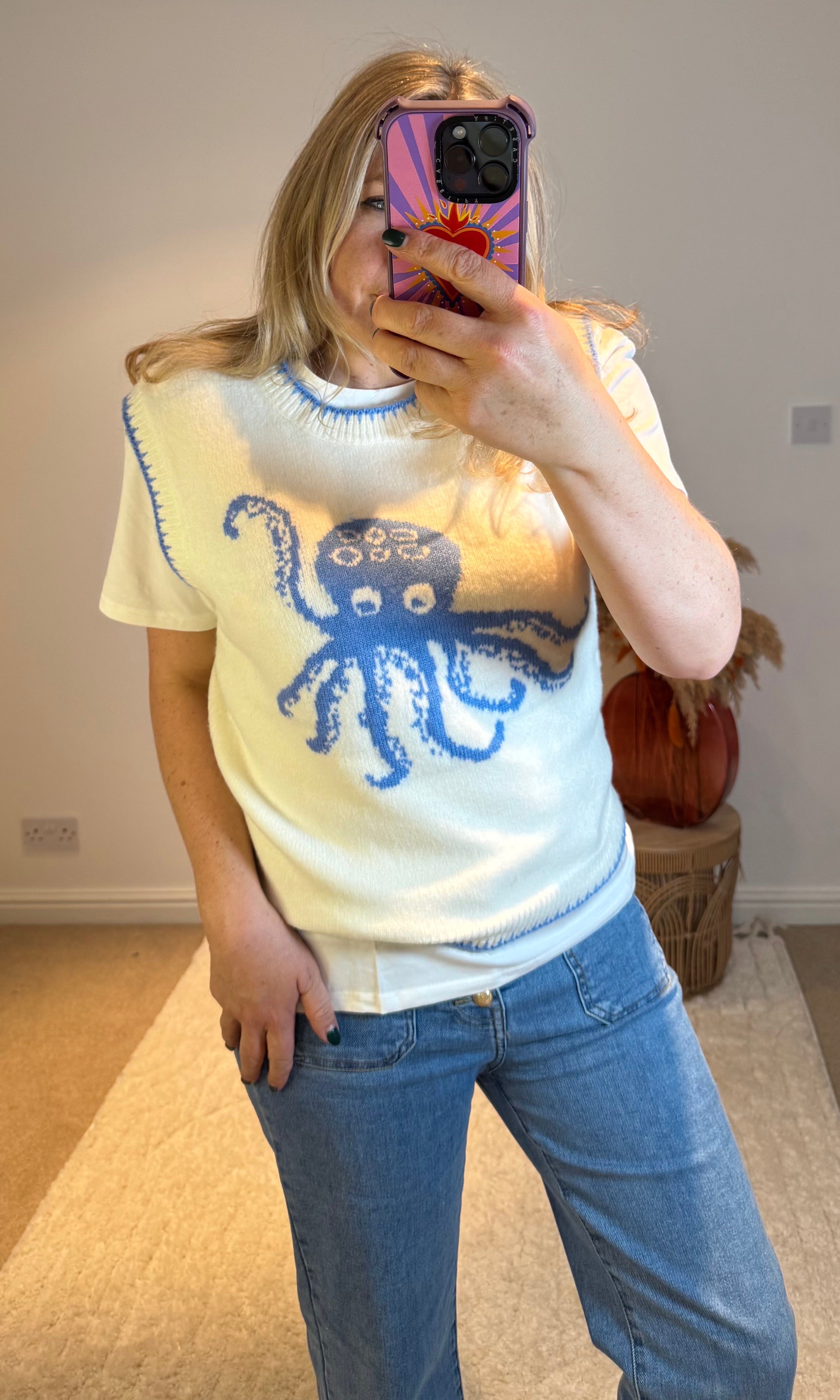 Octopus Soft Knitted Tank Top | Light Cream/Blue