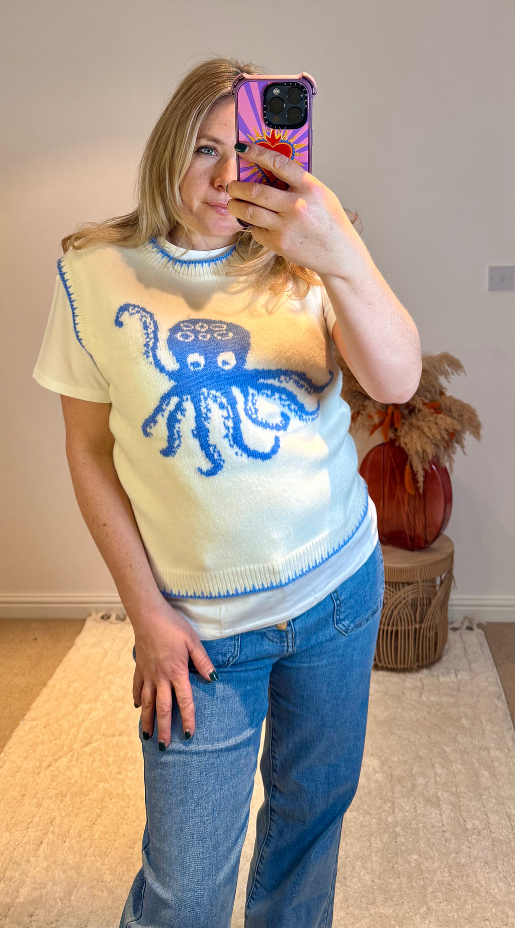 Octopus Soft Knitted Tank Top | Light Cream/Blue