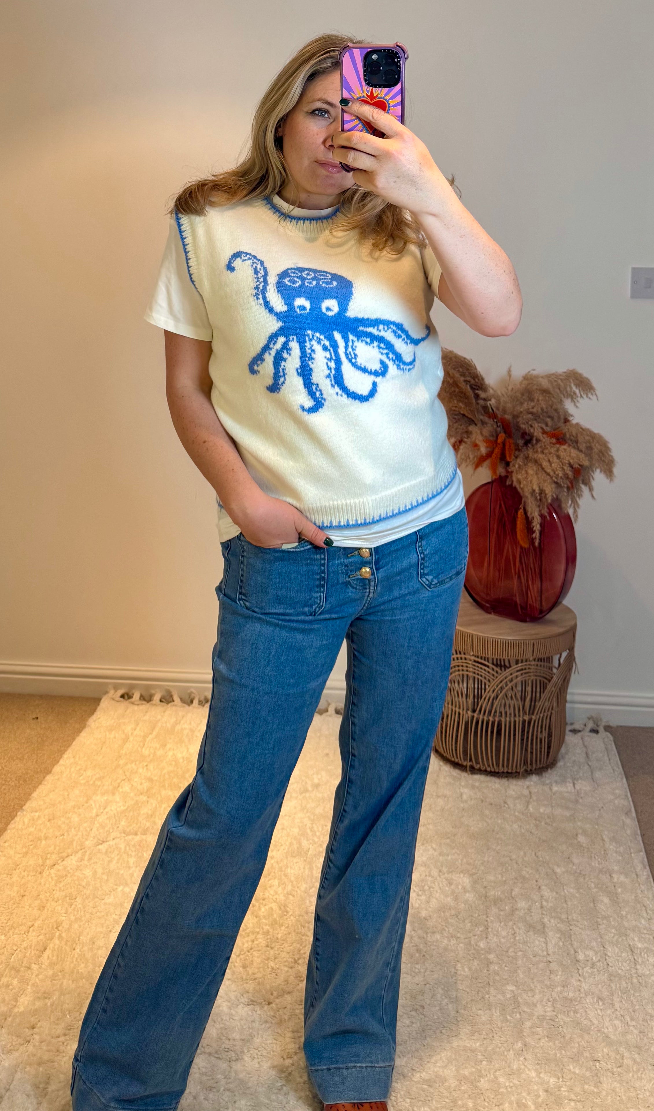 Octopus Soft Knitted Tank Top | Light Cream/Blue