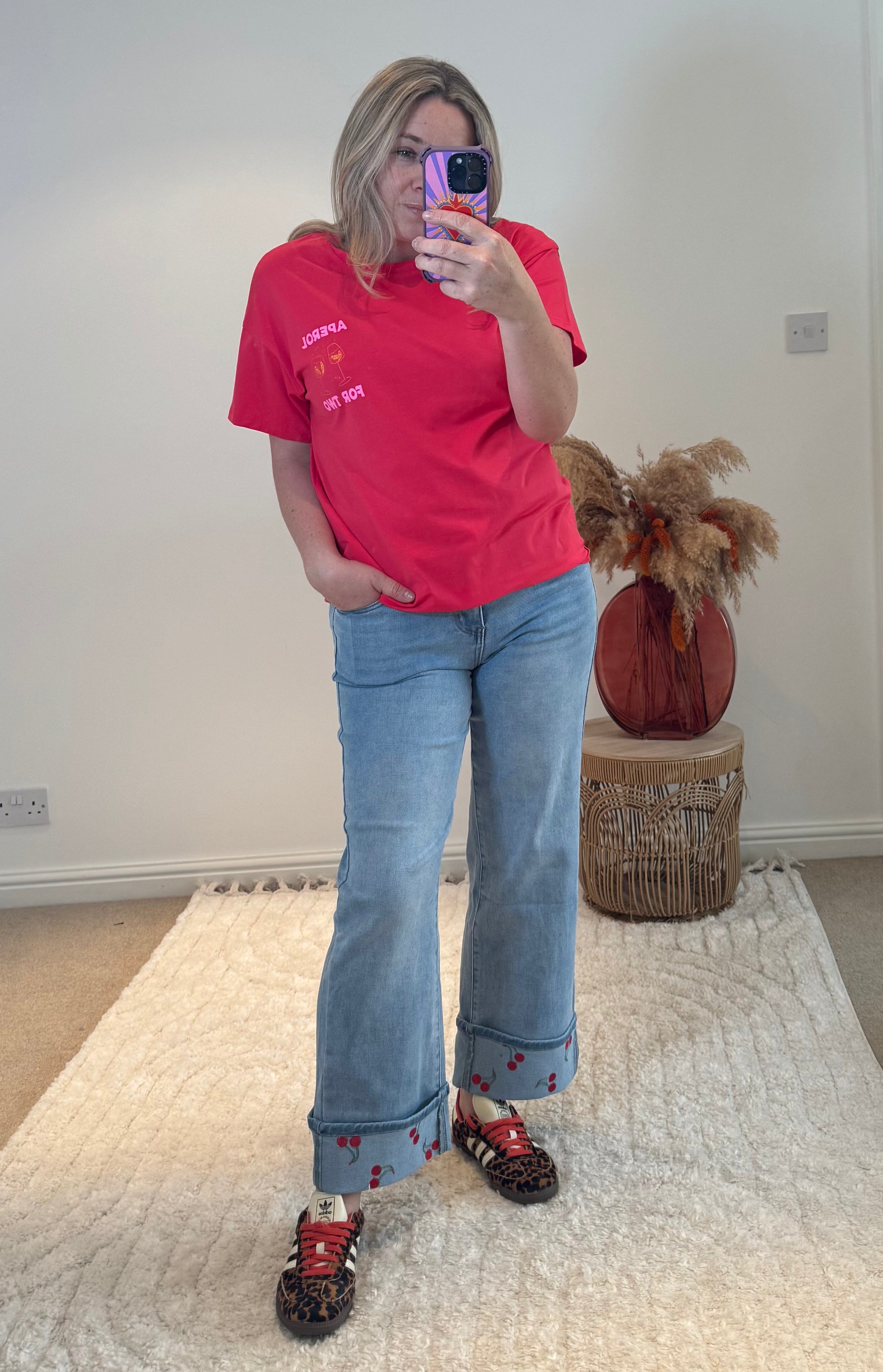 Cherry Detail Cropped Wide Leg Turn Up Jeans | Light Wash Denim