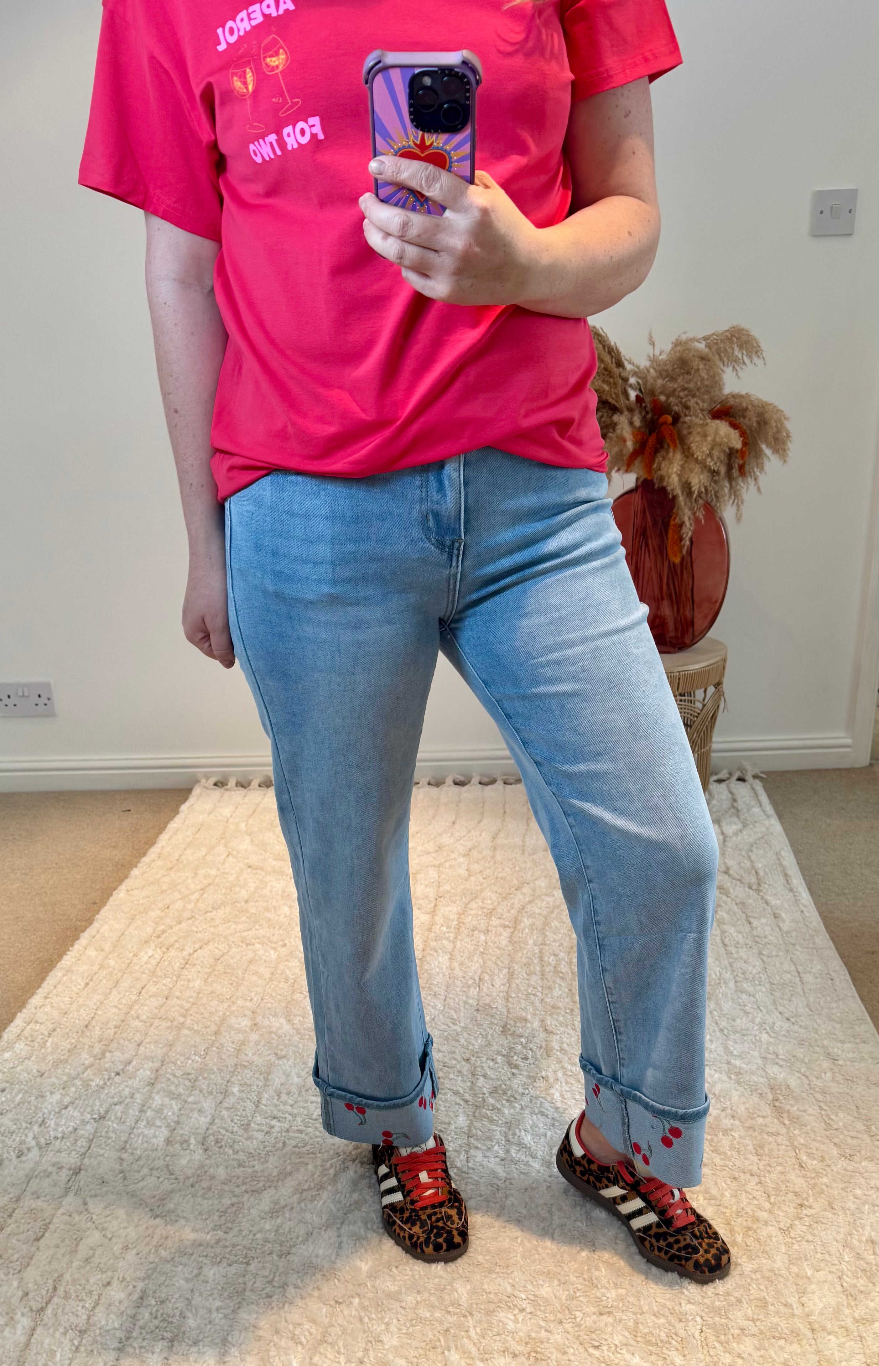 Cherry Detail Cropped Wide Leg Turn Up Jeans | Light Wash Denim