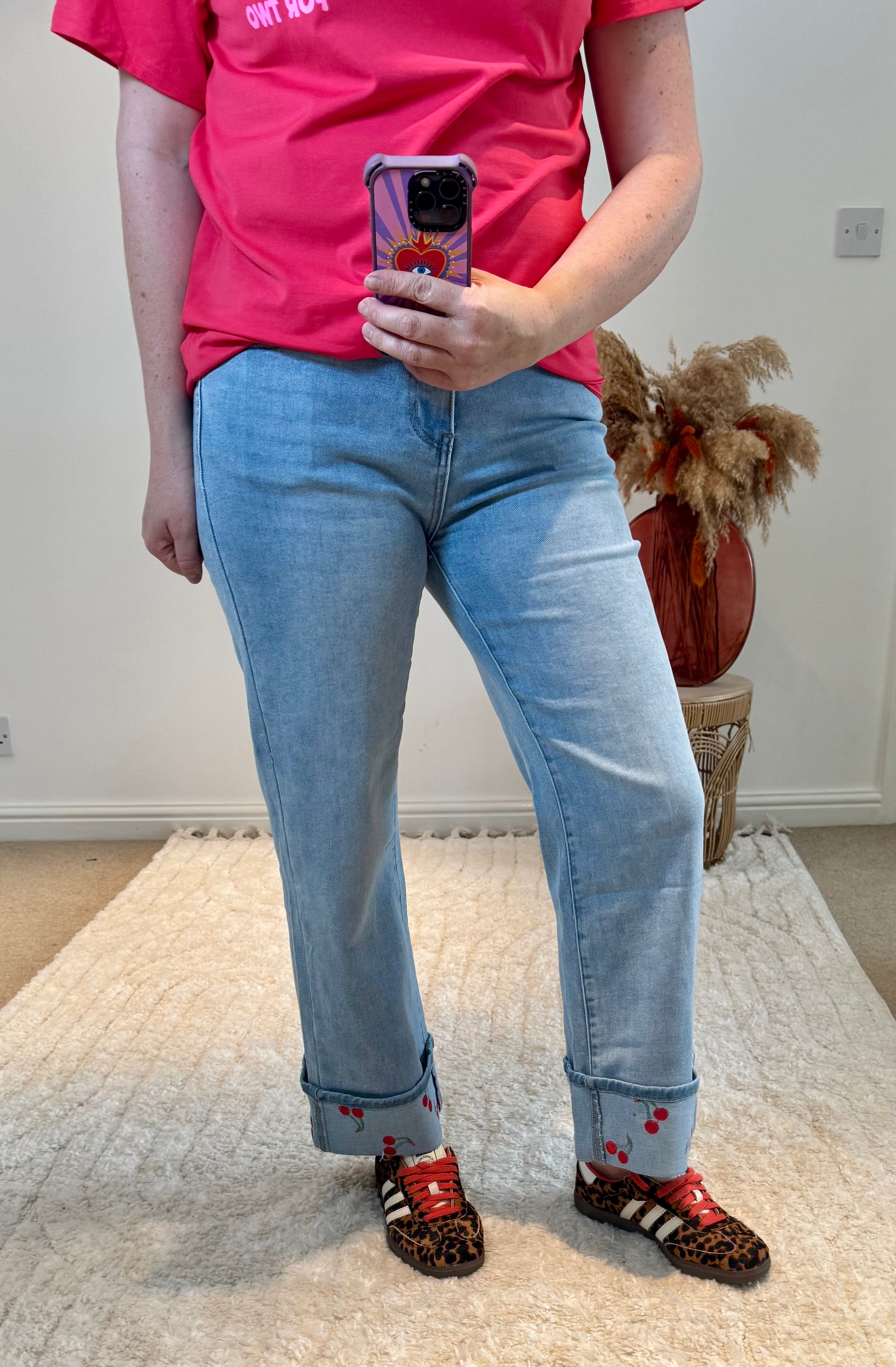 Cherry Detail Cropped Wide Leg Turn Up Jeans | Light Wash Denim