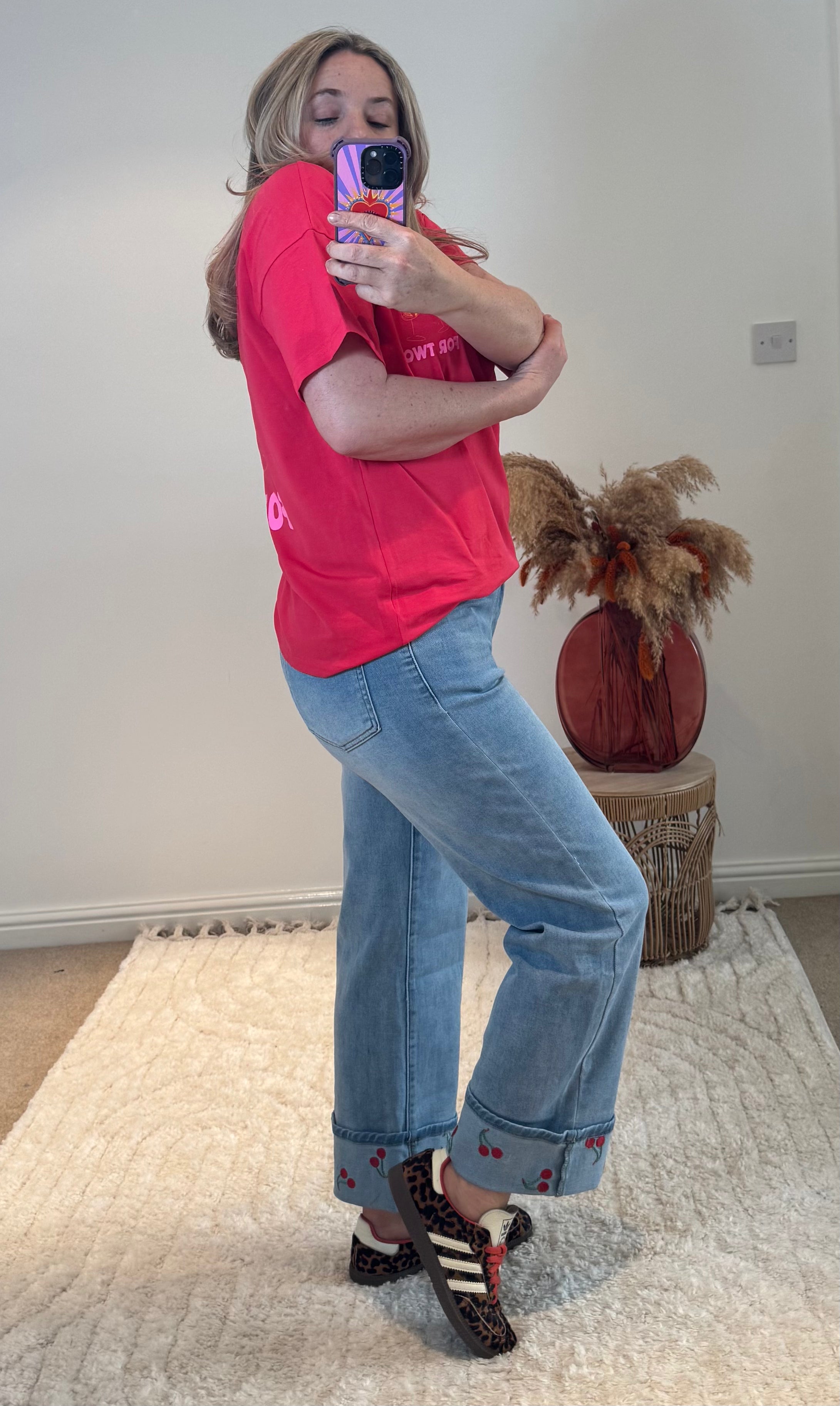 Cherry Detail Cropped Wide Leg Turn Up Jeans | Light Wash Denim