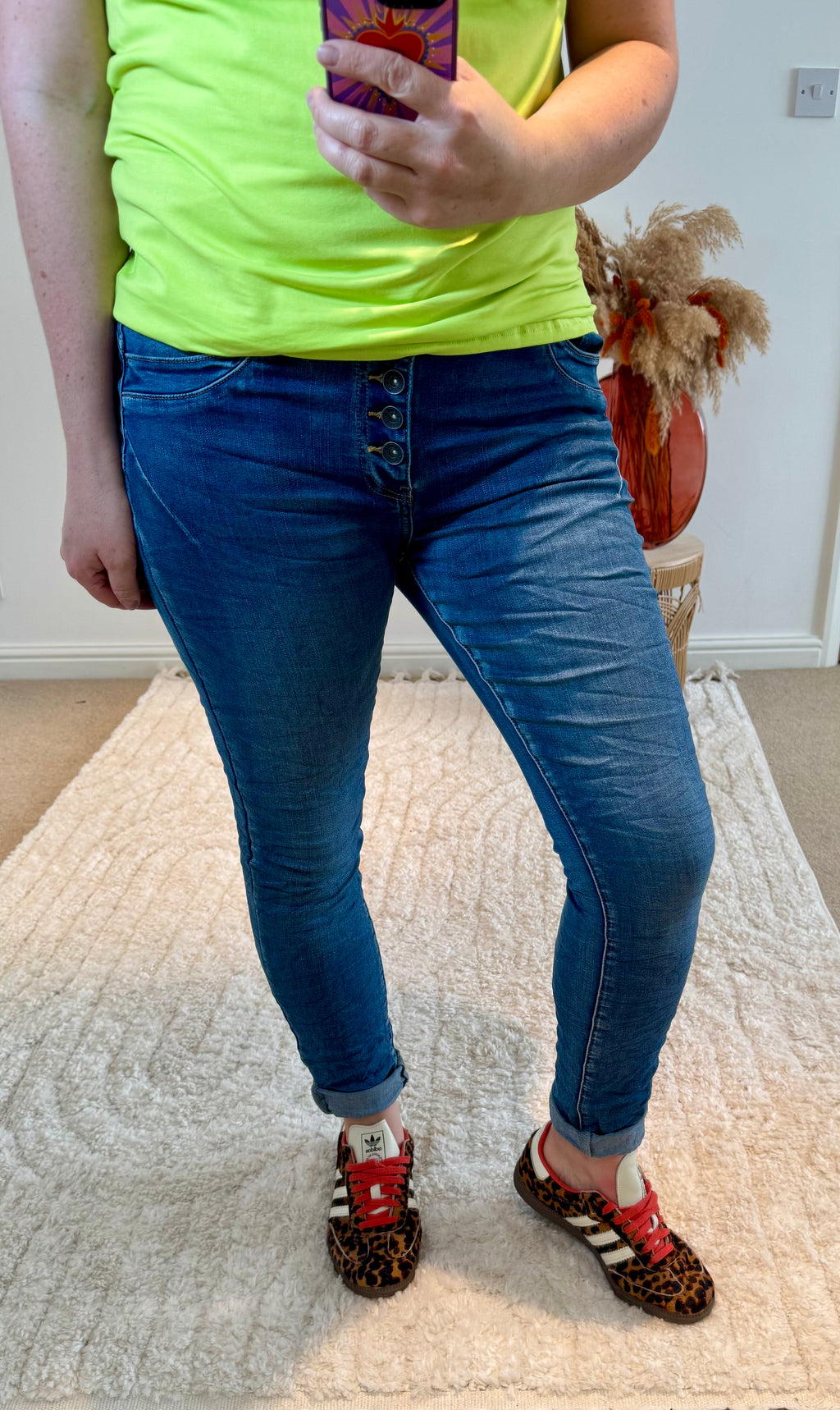 Slim Leg Crinkle Effect Exposed Button Jeans | Blue