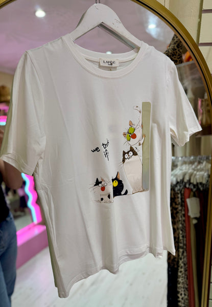 Quirky Cats Graphic Print Tee | Off White