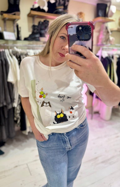 Quirky Cats Graphic Print Tee | Off White