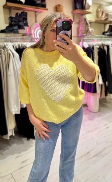 Heart Half Sleeve Jumper | Lemon Yellow/White