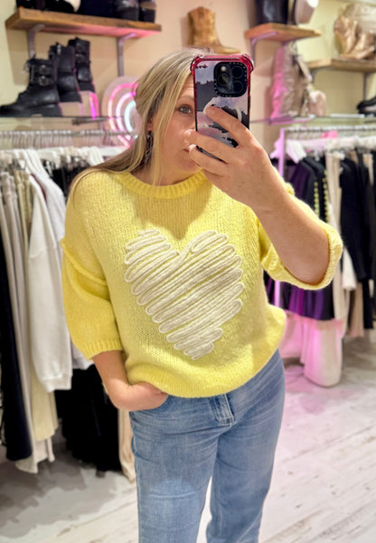 Heart Half Sleeve Jumper | Lemon Yellow/White