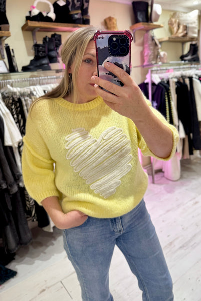 Heart Half Sleeve Jumper | Lemon Yellow/White