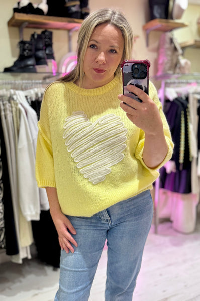 Heart Half Sleeve Jumper | Lemon Yellow/White