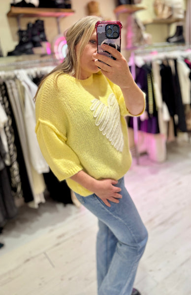 Heart Half Sleeve Jumper | Lemon Yellow/White