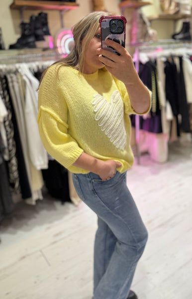 Heart Half Sleeve Jumper | Lemon Yellow/White