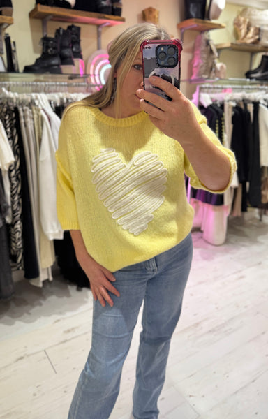 Heart Half Sleeve Jumper | Lemon Yellow/White