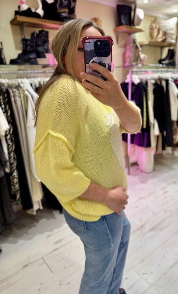 Heart Half Sleeve Jumper | Lemon Yellow/White