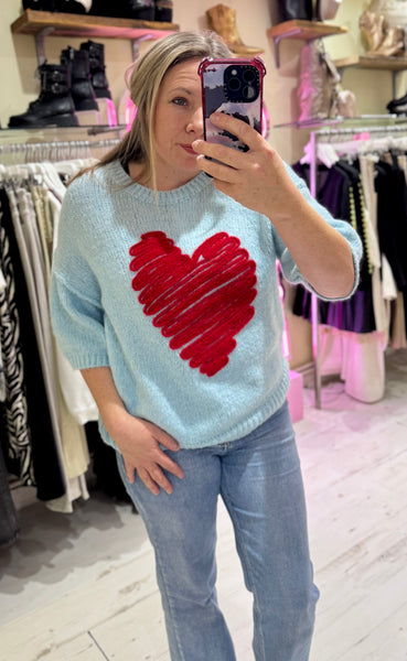 Heart Half Sleeve Jumper | Sky Blue/Red